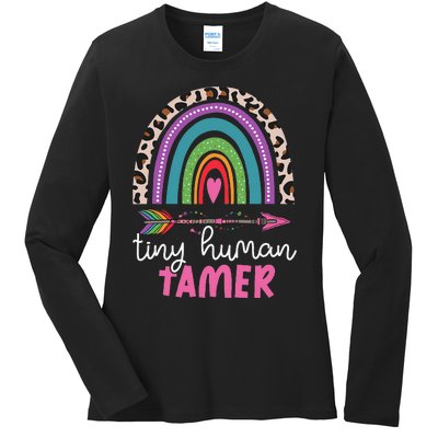 Tiny Human Tamer Funny Teacher Or Mom Leopard Rainbow Ladies Long Sleeve Shirt