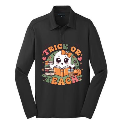 Teacher Halloween Trick Or Teach Cute Ghost Coffee Pumpkins Gift Silk Touch Performance Long Sleeve Polo