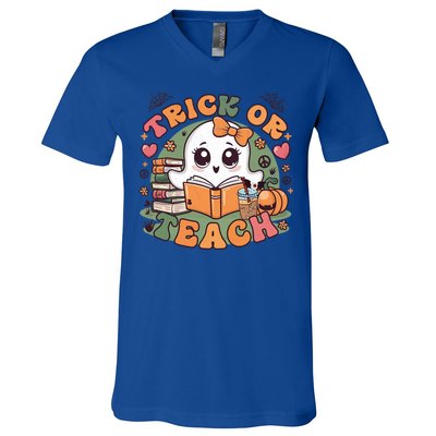 Teacher Halloween Trick Or Teach Cute Ghost Coffee Pumpkins Gift V-Neck T-Shirt