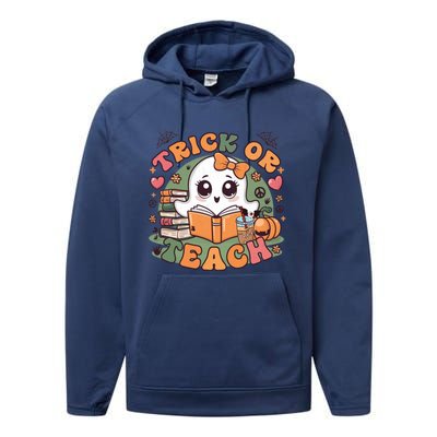 Teacher Halloween Trick Or Teach Cute Ghost Coffee Pumpkins Gift Performance Fleece Hoodie