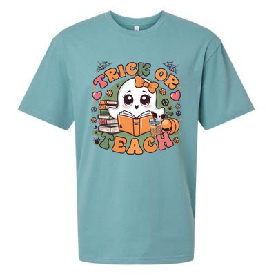 Teacher Halloween Trick Or Teach Cute Ghost Coffee Pumpkins Gift Sueded Cloud Jersey T-Shirt