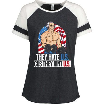 They Hate Us Cuz They Aint Us America USA Flag Enza Ladies Jersey Colorblock Tee