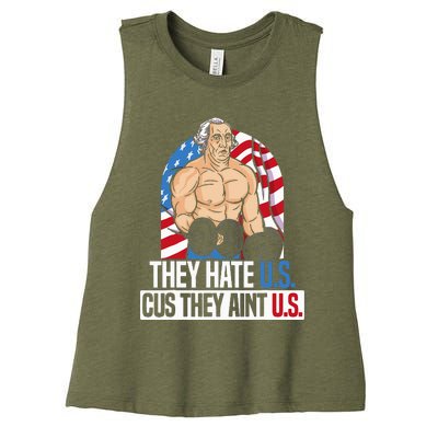 They Hate Us Cuz They Aint Us America USA Flag Women's Racerback Cropped Tank