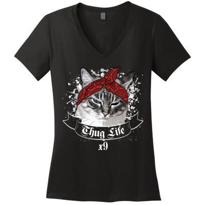 Thug Life X9 Gangster Cat Women's V-Neck T-Shirt