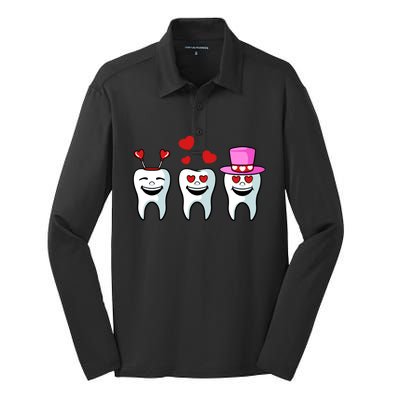 Tooth Hearts Valentines Day Cute Dentist Dental Hygienist Funny Gift Silk Touch Performance Long Sleeve Polo