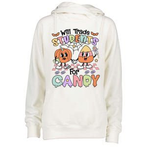 Teacher Halloween Will Trade Students For Candy Retro Womens Funnel Neck Pullover Hood