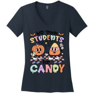 Teacher Halloween Will Trade Students For Candy Retro Women's V-Neck T-Shirt