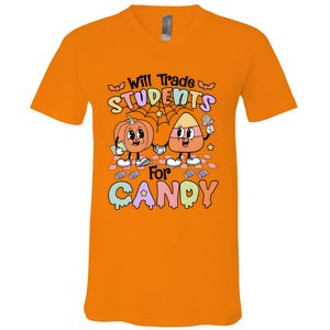 Teacher Halloween Will Trade Students For Candy Retro V-Neck T-Shirt