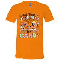 Teacher Halloween Will Trade Students For Candy Retro V-Neck T-Shirt