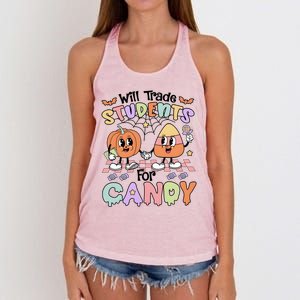 Teacher Halloween Will Trade Students For Candy Retro Women's Knotted Racerback Tank