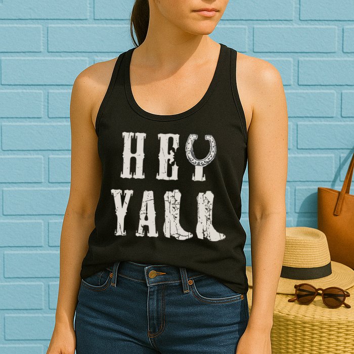 Trendy Hey Y'all Horseshoe And Boots Quote Womens Tank Top