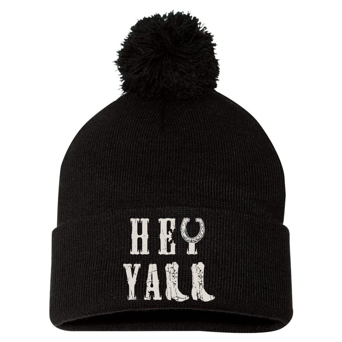 Trendy Hey Y'all Horseshoe And Boots Quote Pom Pom 12in Knit Beanie