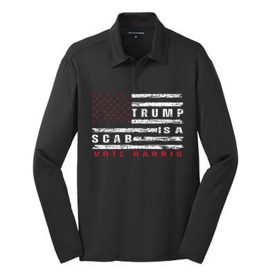 Trump Is A Scab Vote Harris Walz 2024 Kamala American Flag Silk Touch Performance Long Sleeve Polo