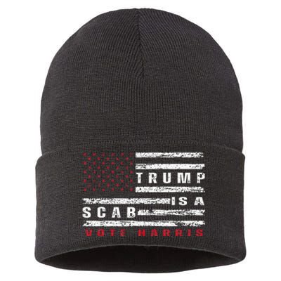 Trump Is A Scab Vote Harris Walz 2024 Kamala American Flag Sustainable Knit Beanie