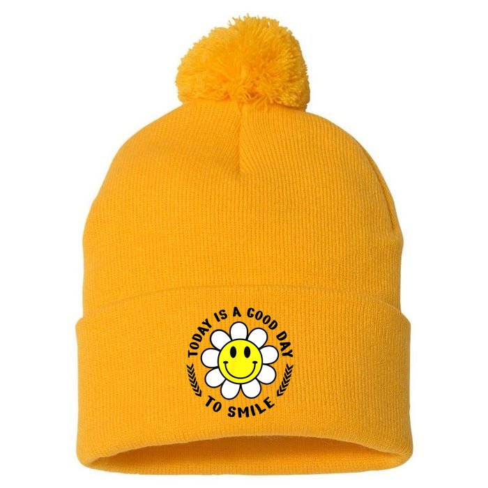 Today Is A Good Day To Smile Yellow Smiley Face Pom Pom 12in Knit Beanie