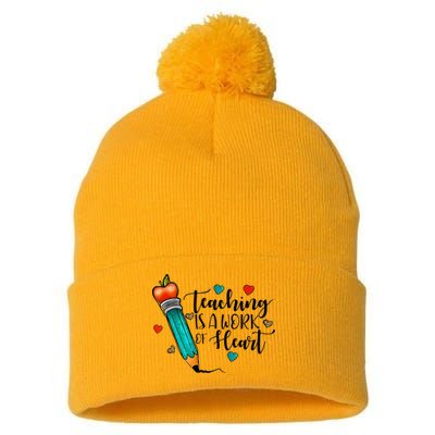 Teaching Is A Work Of Heart Cute Pencil Back To School Pom Pom 12in Knit Beanie