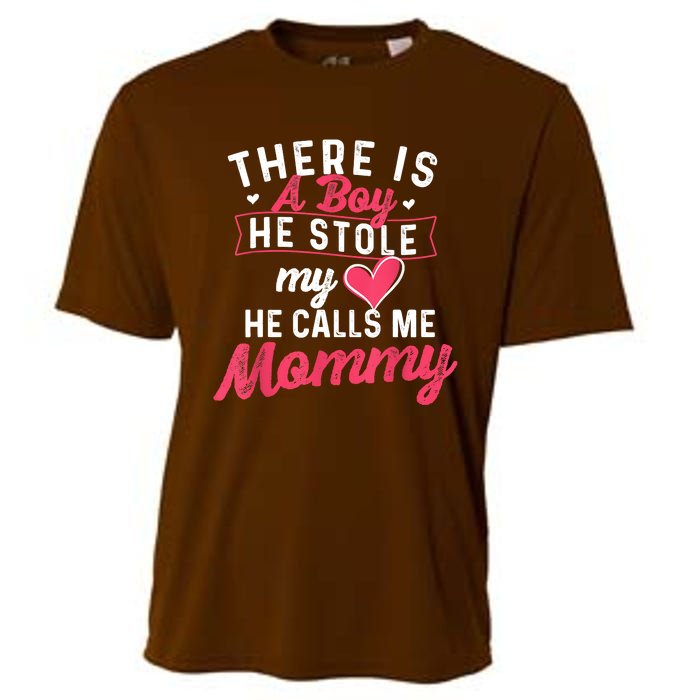 There Is A He Stole My Heart He Calls Me Mommy Mother Cooling Performance Crew T-Shirt