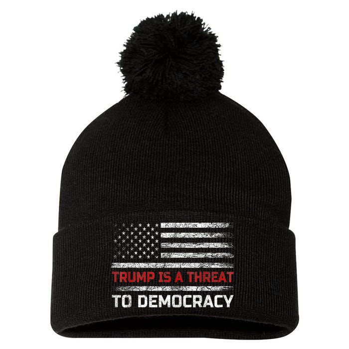 Trump Is A Threat To Democracy US Flag Anti Trump Vintage Pom Pom 12in Knit Beanie