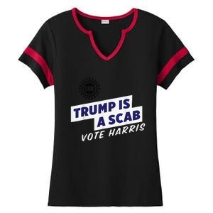 Trump Is A Scab Vote Kamala Harris Funny Uaw Red Ladies Halftime Notch Neck Tee