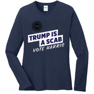 Trump Is A Scab Vote Kamala Harris Funny Uaw Red Ladies Long Sleeve Shirt