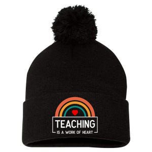 Teaching Is A Work Of Heart Rainbow Pom Pom 12in Knit Beanie