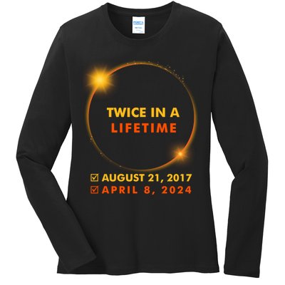 Twice In A Lifetime Solar Eclipse August 21 2017 April 8 2024 Ladies Long Sleeve Shirt