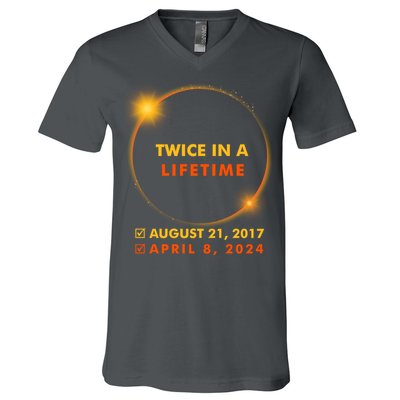 Twice In A Lifetime Solar Eclipse August 21 2017 April 8 2024 V-Neck T-Shirt