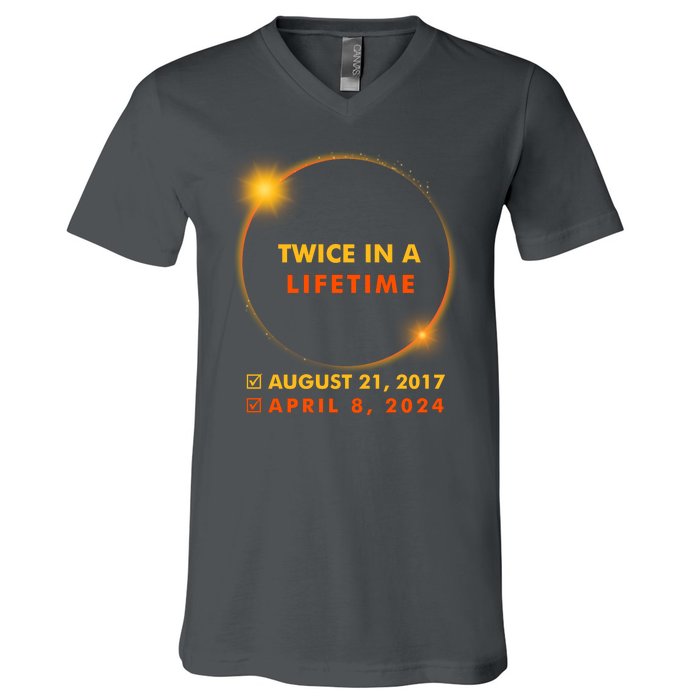 Twice In A Lifetime Solar Eclipse August 21 2017 April 8 2024 V-Neck T-Shirt