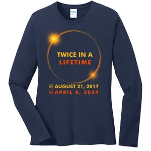 Twice In A Lifetime Solar Eclipse August 21 2017 April 8 2024 Ladies Long Sleeve Shirt