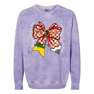 Teaching Is A Work Of Heart Christmas Teacher Coquette Bow Great Gift Colorblast Crewneck Sweatshirt