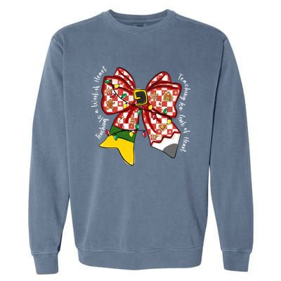 Teaching Is A Work Of Heart Christmas Teacher Coquette Bow Great Gift Garment-Dyed Sweatshirt