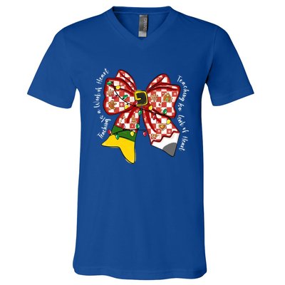 Teaching Is A Work Of Heart Christmas Teacher Coquette Bow Great Gift V-Neck T-Shirt