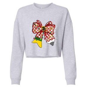 Teaching Is A Work Of Heart Christmas Teacher Coquette Bow Great Gift Cropped Pullover Crew