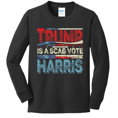 Trump Is A Scab Vote Harris Walz 2024 Kamala American Flag Kids Long Sleeve Shirt