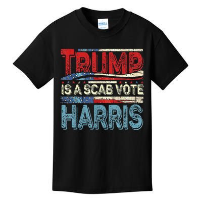 Trump Is A Scab Vote Harris Walz 2024 Kamala American Flag Kids T-Shirt