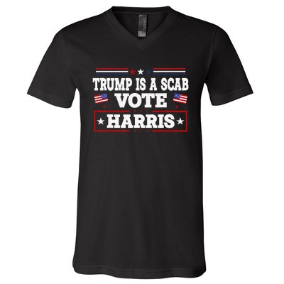 Trump Is A Scab Vote Harris Walz 2024 Kamala American Flag V-Neck T-Shirt