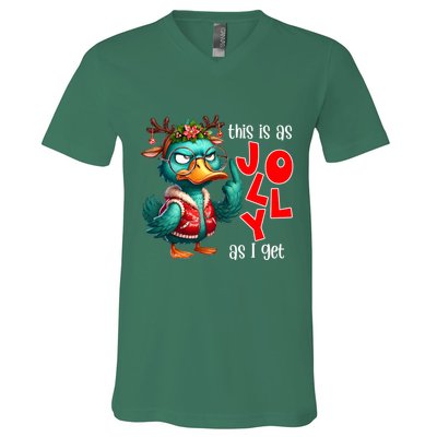 This Is As Jolly As I Get Funny Sarcastic Grumpy Duck Christmas V-Neck T-Shirt