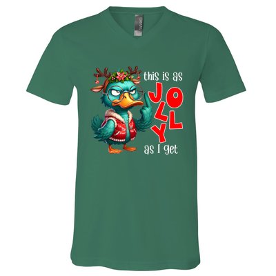 This Is As Jolly As I Get Funny Sarcastic Grumpy Duck Christmas V-Neck T-Shirt