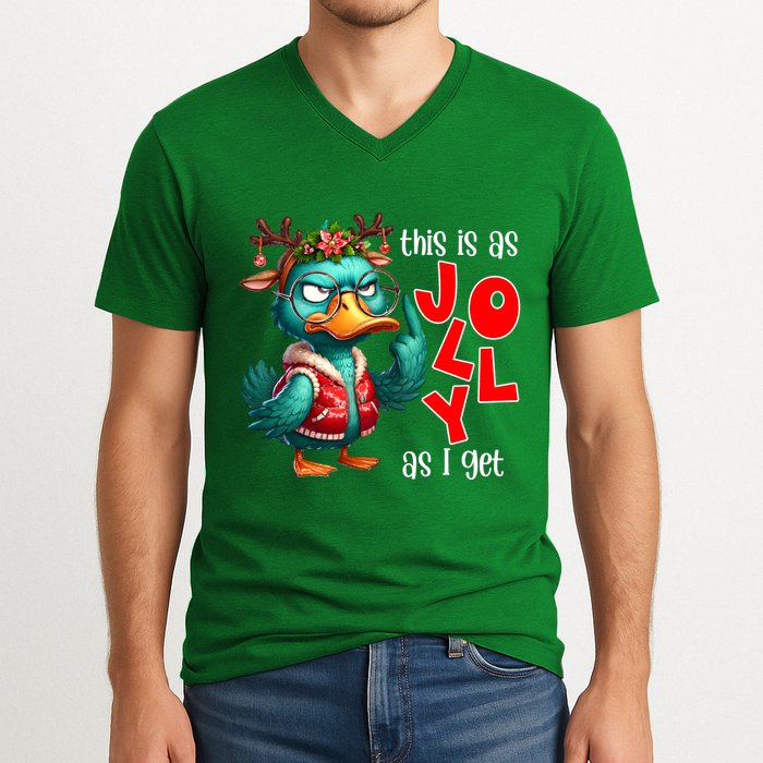 This Is As Jolly As I Get Funny Sarcastic Grumpy Duck Christmas V-Neck T-Shirt