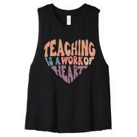 Teaching Is A Work Of Heart Typography Retro Teacher Women's Racerback Cropped Tank