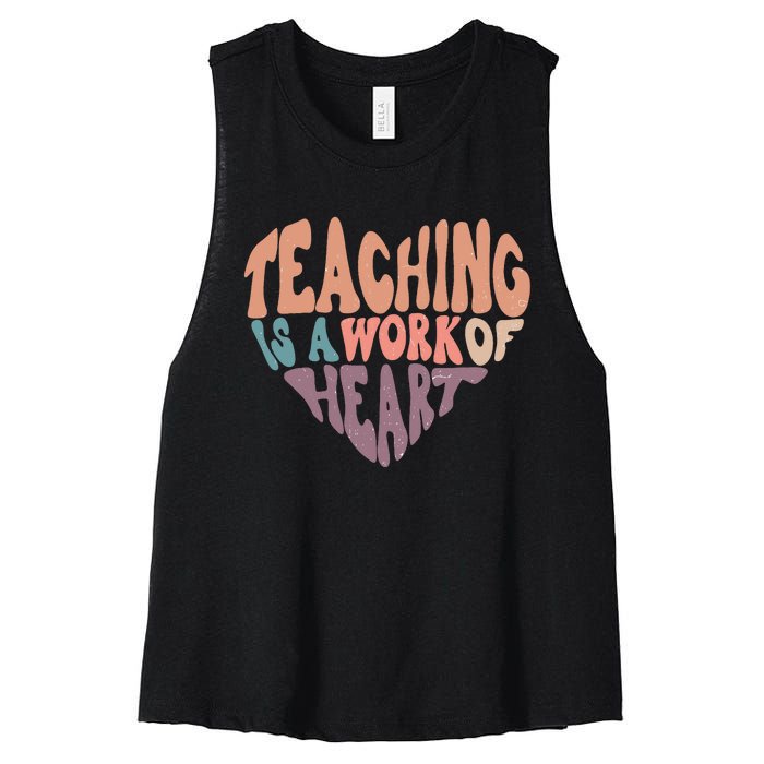 Teaching Is A Work Of Heart Typography Retro Teacher Women's Racerback Cropped Tank