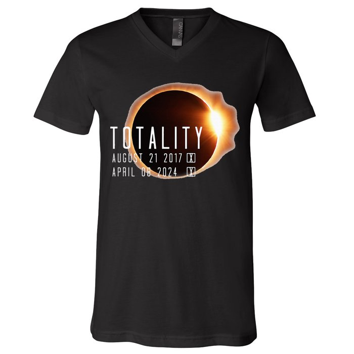 Twice in a Lifetime Totality Solar Eclipse 2017 & 2024 V-Neck T-Shirt