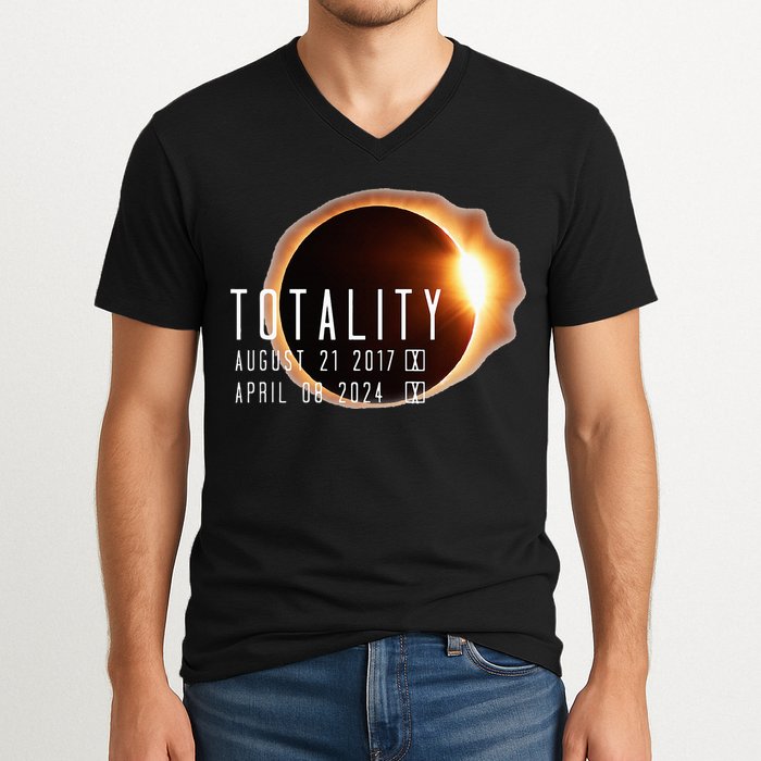 Twice in a Lifetime Totality Solar Eclipse 2017 & 2024 V-Neck T-Shirt