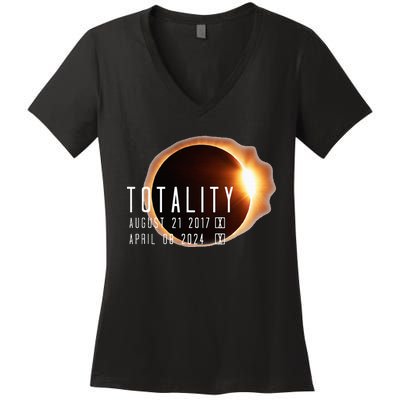 Twice in a Lifetime Totality Solar Eclipse 2017 & 2024 Women's V-Neck T-Shirt