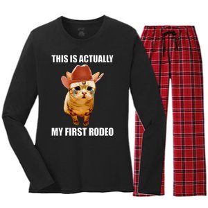 This Is Actually My First Rodeo Cowboy Cat Meme Women's Long Sleeve Flannel Pajama Set 