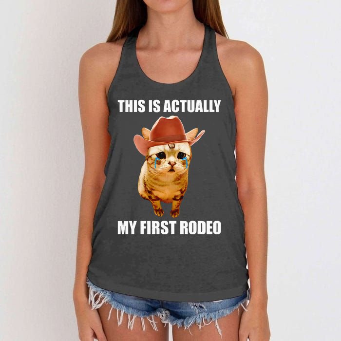 This Is Actually My First Rodeo Cowboy Cat Meme Women's Knotted Racerback Tank