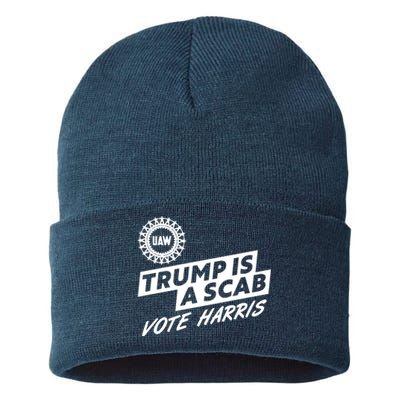 Trump Is A Scab Uaw Vote Kamala Harris 2024 Election Sustainable Knit Beanie