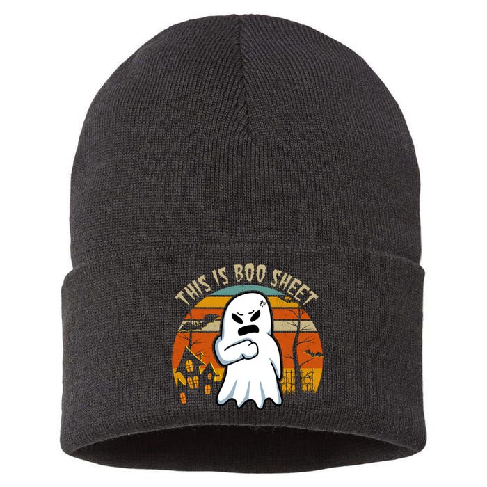 This Is Boo Sheet Ghost Spooky Sunset Funny Sustainable Knit Beanie