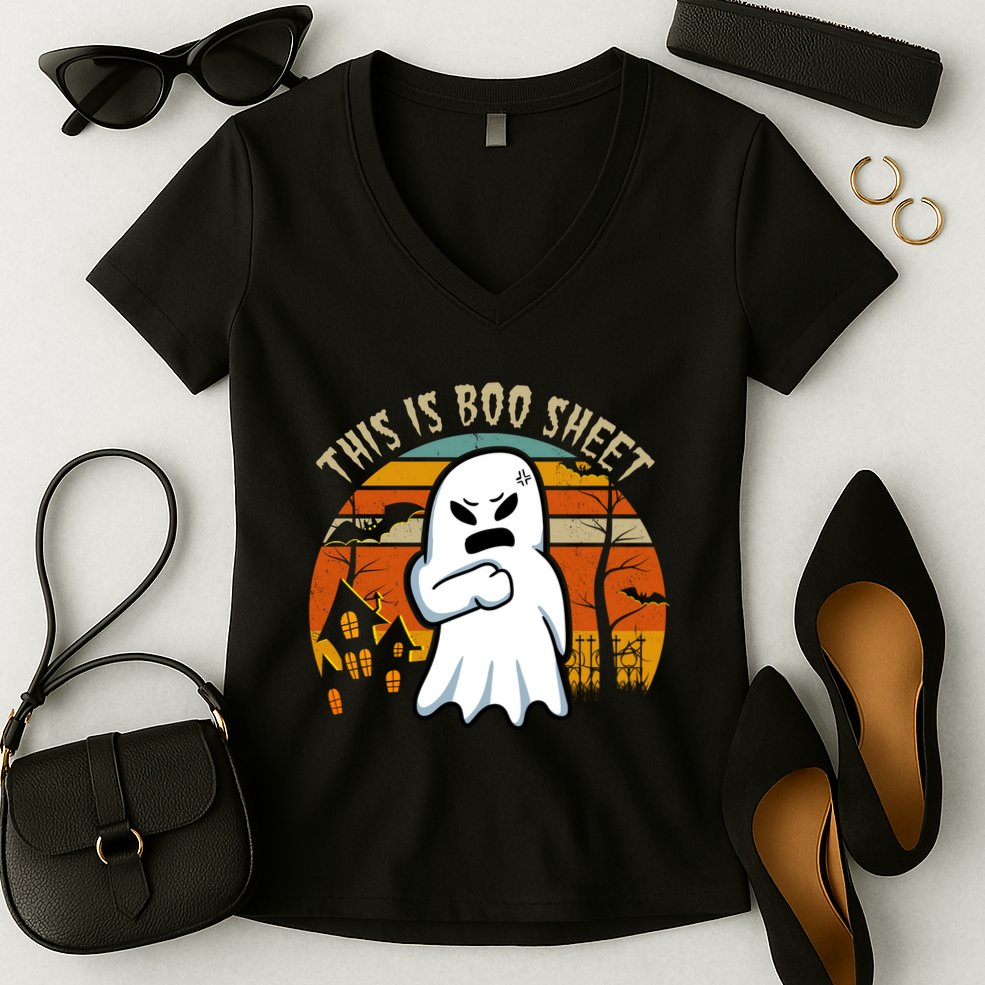 This Is Boo Sheet Ghost Spooky Sunset Funny Women's V-Neck T-Shirt