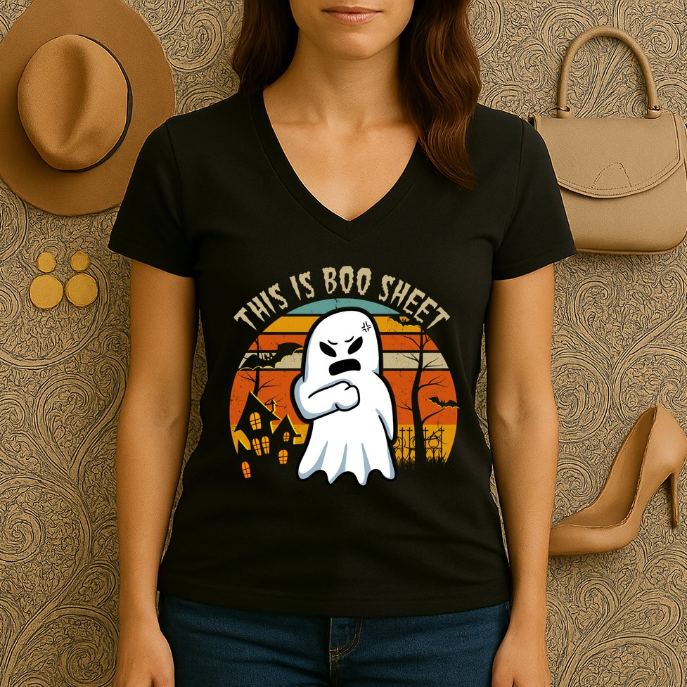 This Is Boo Sheet Ghost Spooky Sunset Funny Women's V-Neck T-Shirt